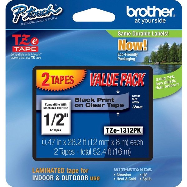 Brother Crtdg, Tape, Black On Clear, 2 2PK BRTTZE1312PK